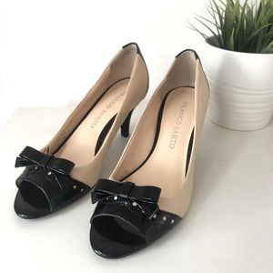 Franco Sarto Nude and Black Peep Toe Pumps